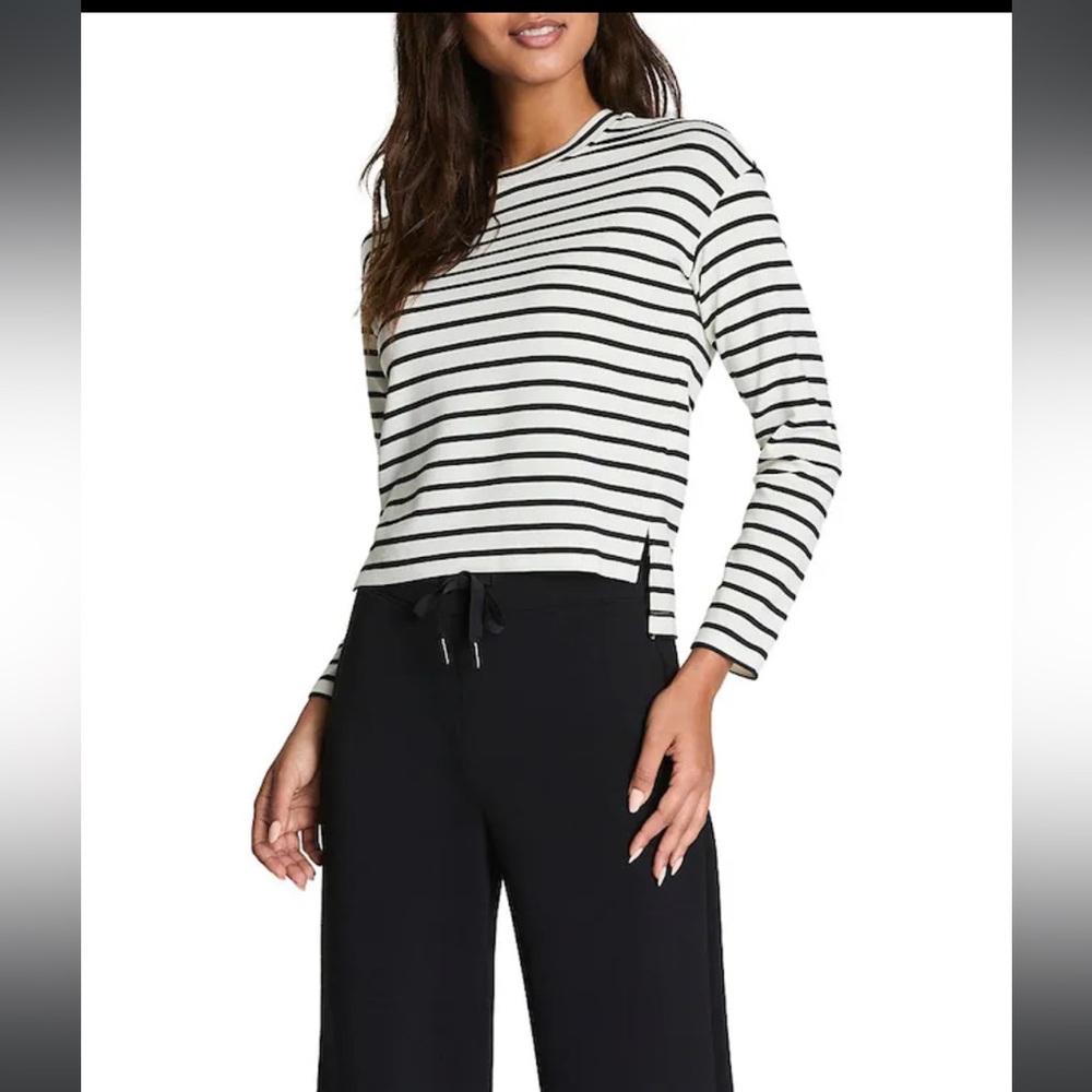 SPANX Air Essentials Relaxed Long Sleeve Top in Black and White Stripe NWT